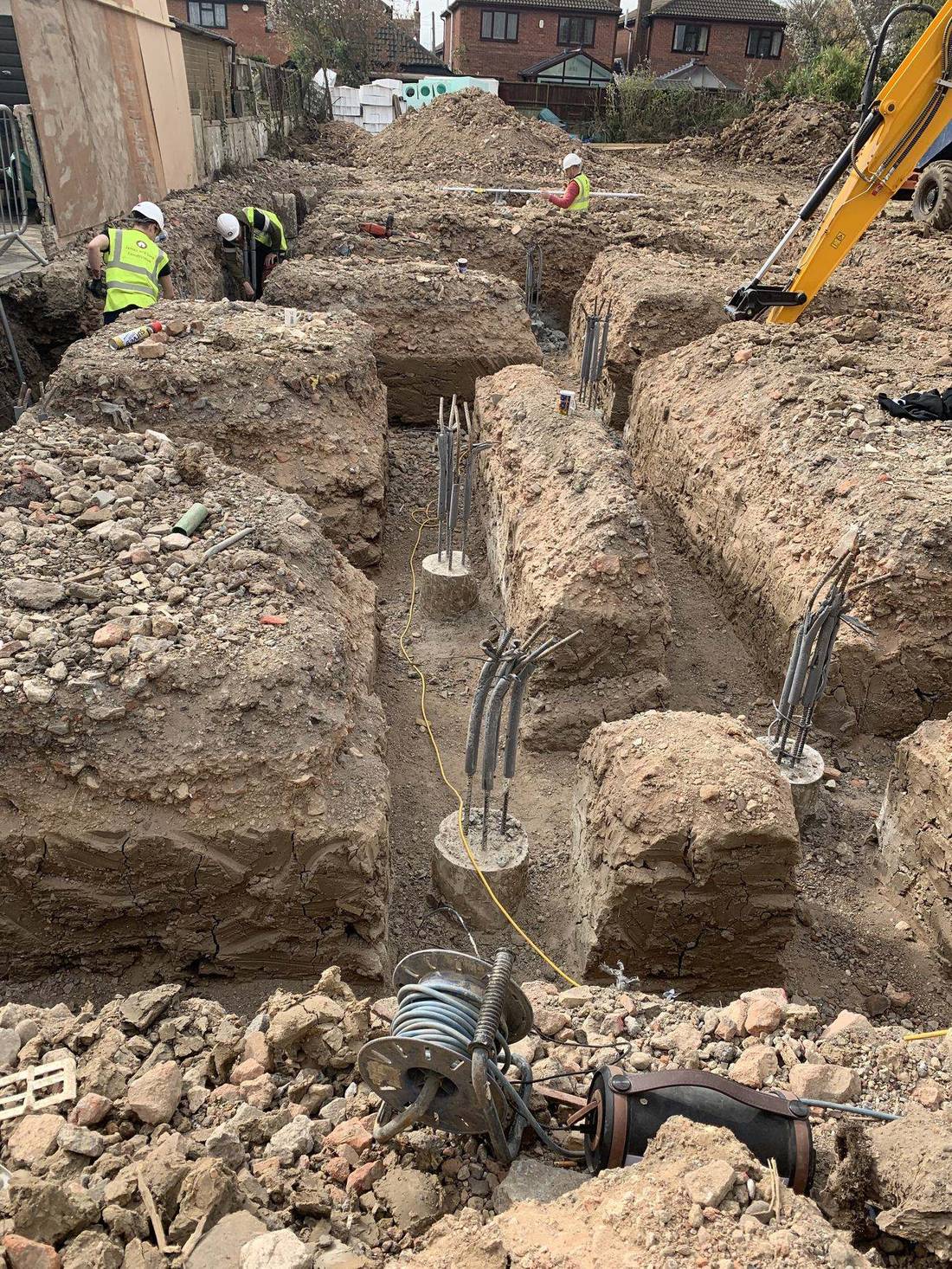 Deep foundation trench with steel reinforcement